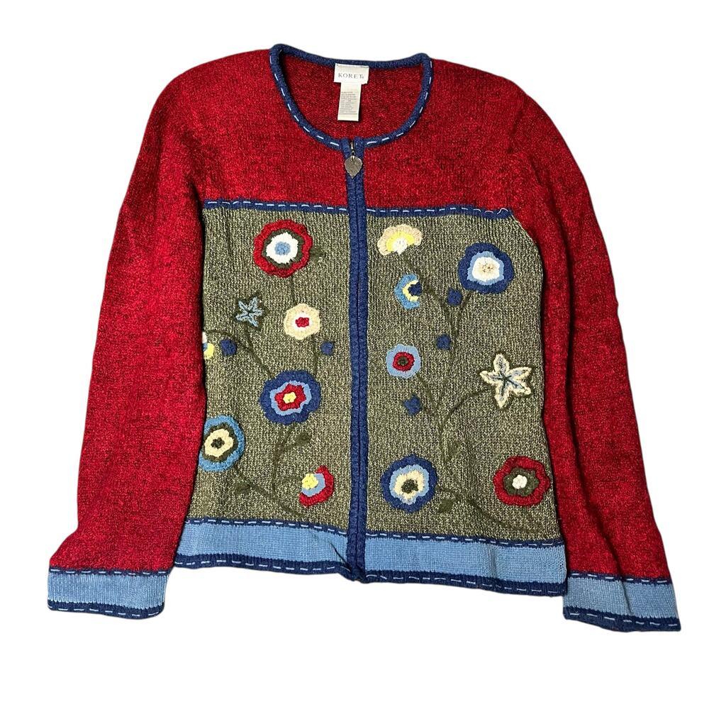 Vintage Knit Floral Embroidered Wool‎ Blend Full Zip Sweater Cardigan M (2779)
